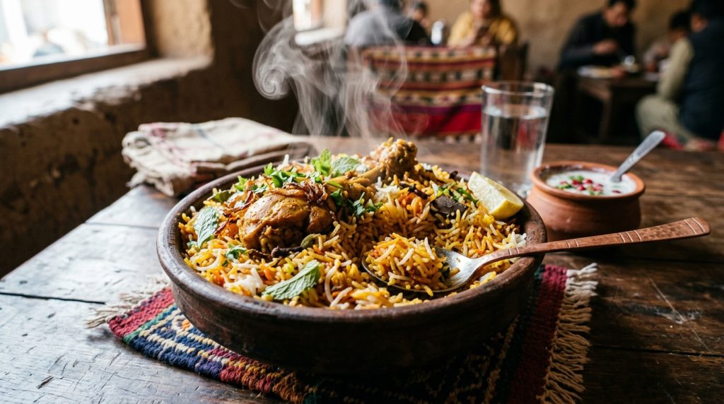 پاکستانی بریانی امیر مصالحوں اور روایتی کھانوں کی نمائش کرتی ہے۔