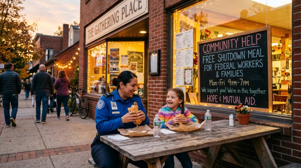 A TSA agent and a child eating free meals outside a restaurant with a sign “Free shutdown meal for federal workers” – showing community support during the crisis.