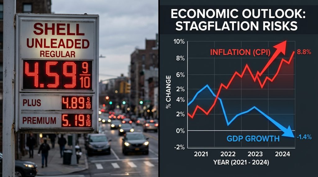 Comparison of a US gas station showing $4.59 per gallon alongside an inflation and GDP growth chart, illustrating the economic impact of the Iran war and truce.