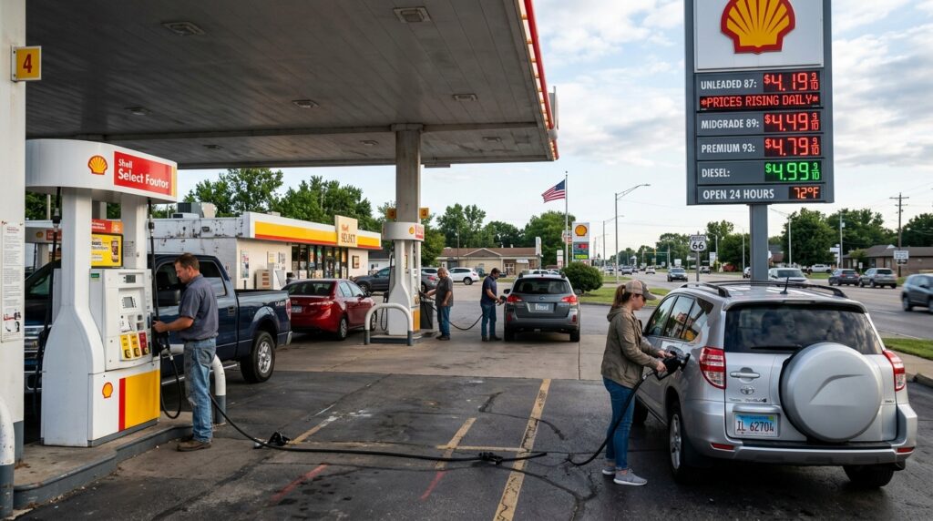 America: The Paradox of Plenty, Oil Crisis Hits Everyone.Americans at a gas station paying high prices for fuel
