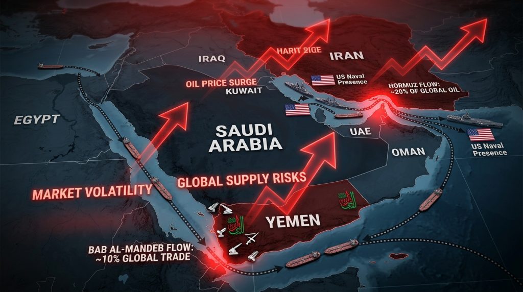 Dual chokepoint map of Strait of Hormuz and Bab al-Mandeb highlighting US blockade and Houthi threat risks, April 2026."