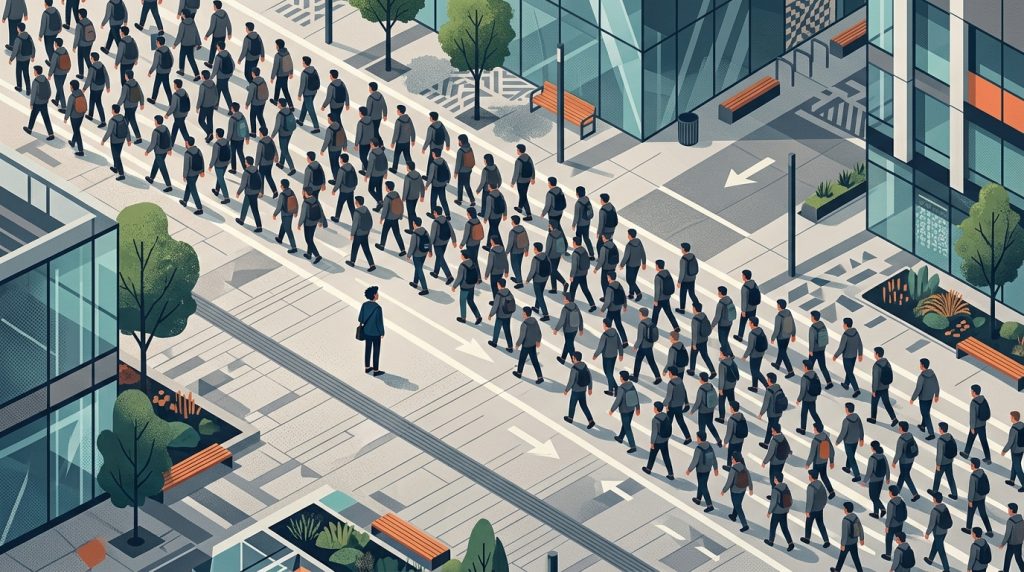 Person thinking independently while others follow the crowd.