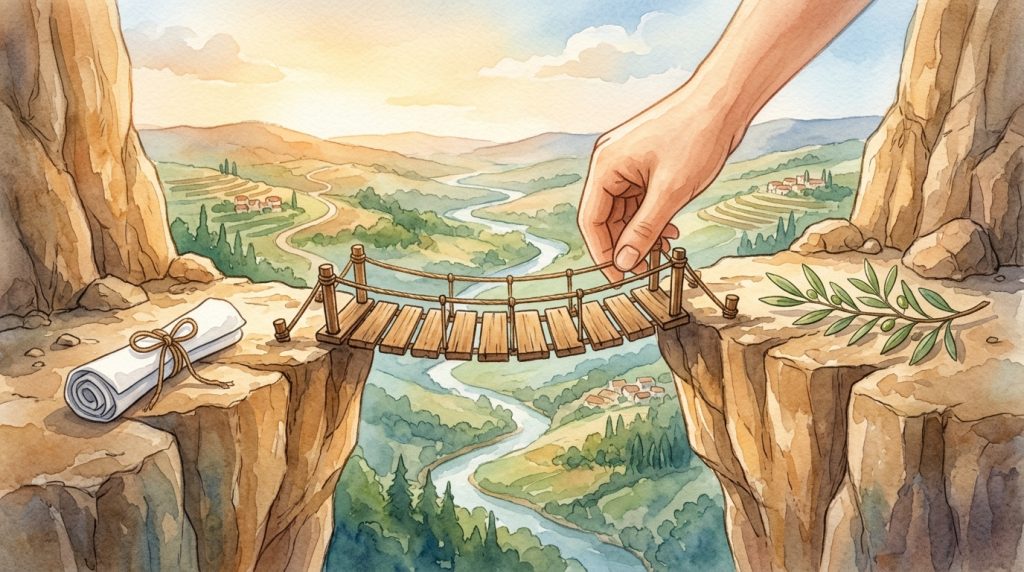 A small bridge connecting two cliffs with an olive branch and a white flag – symbolizing quiet mediation and peacemaking