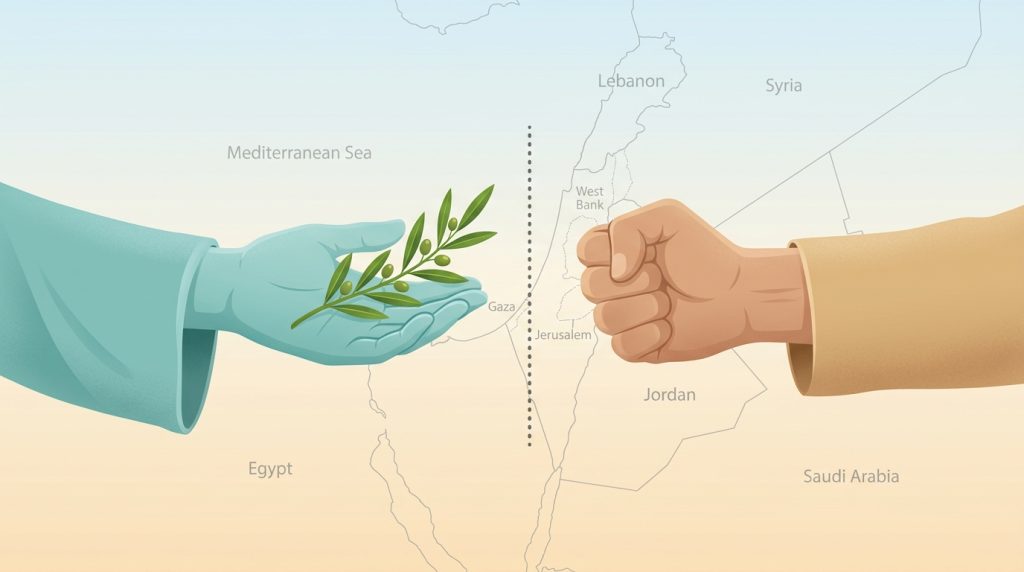 Two hands – one offering an olive branch, the other making a fist – showing mixed signals of peace and resistance