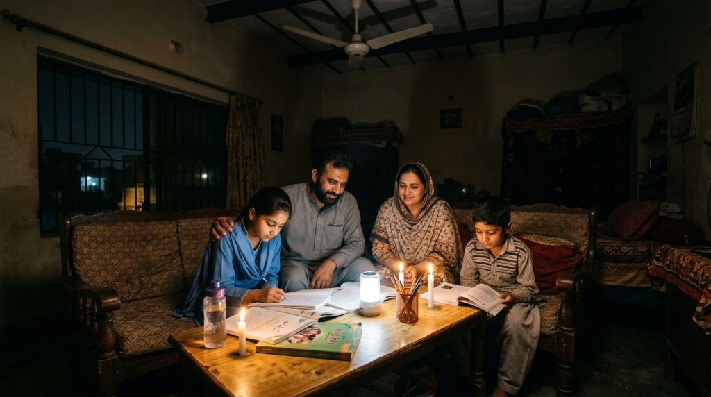 The Architecture of Happiness.Family in Pakistan experiencing power outage during nighttime load shedding.