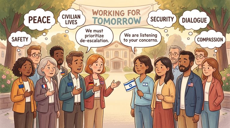 Illustration of nations discussing peace and criticism between Europe, US, and Israel