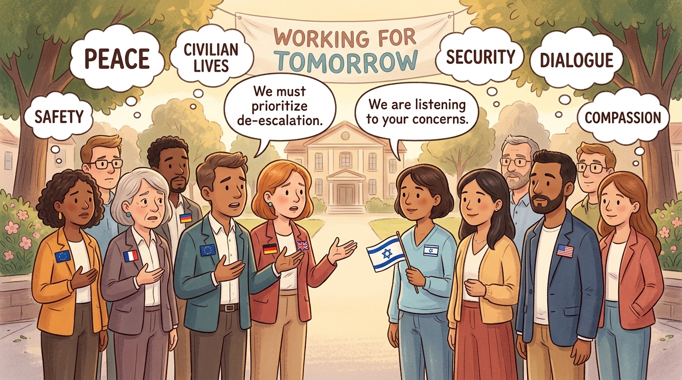 Illustration of nations discussing peace and criticism between Europe, US, and Israel