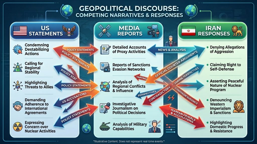 Infographic showing diplomatic contradictions between US and Iran messaging.