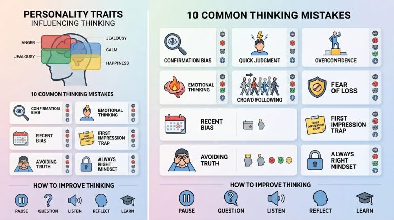 Infographic showing 10 common thinking mistakes and how personality traits like anger, jealousy, and ego influence decision making.
