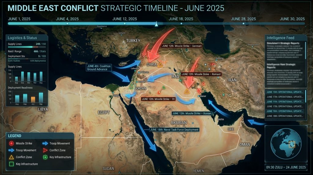 Strategic timeline map showing missile strike patterns during June 2025 conflict