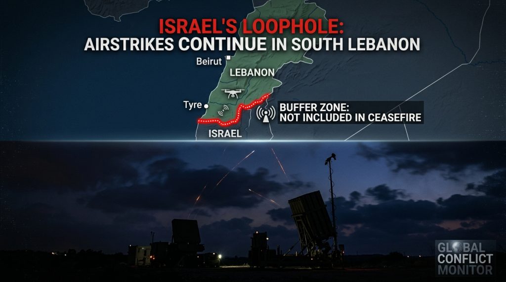 Map of Lebanon labeled as excluded from the US‑Iran truce, with an Iron Dome battery below, showing Israel’s stated right to continue operations against Hezbollah.