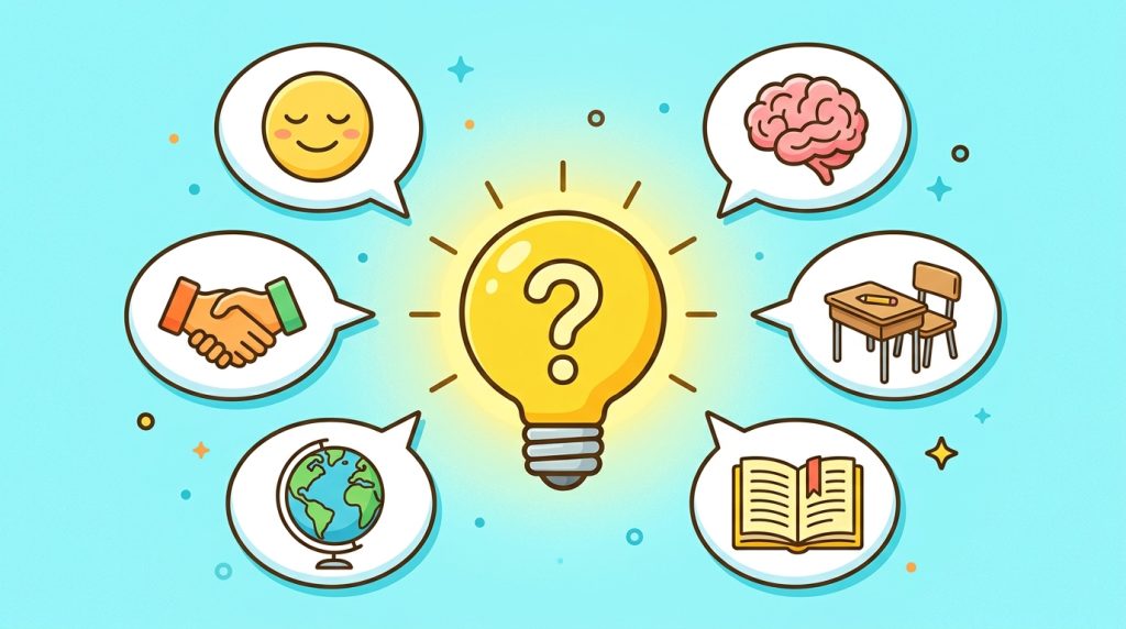 A light bulb with a question mark and six speech bubbles with icons – representing frequently asked questions about leadership.