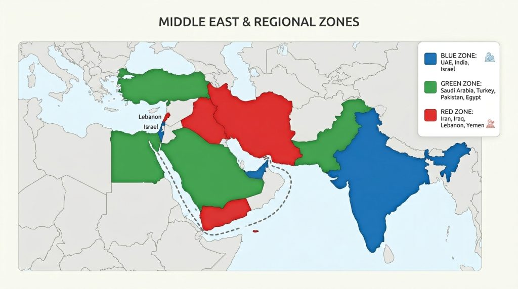A tri-polar map of the Middle East showing the three competing alignments: India-UAE-Israel in blue, Saudi-Turkey-Pakistan-Egypt in green, and Iran’s network in red.