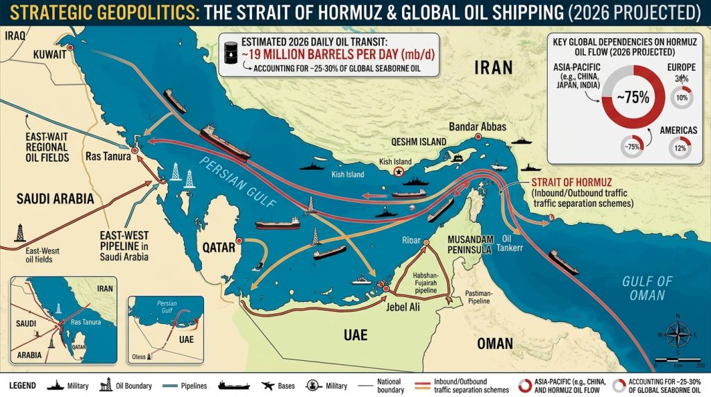 UAE Blocking US-Iran Ceasefire?2026 Simple Breakdown.Map of the Strait of Hormuz showing its strategic location between Iran and the UAE and its importance for global oil shipping in 2026"