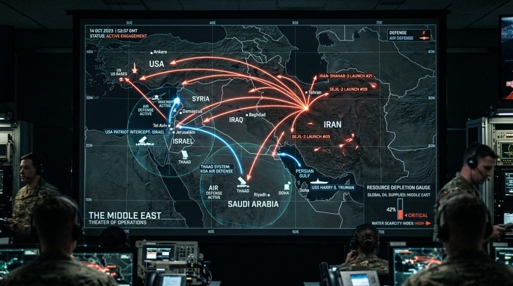 Geopolitical map showing U.S. and Iran missile conflict with defense systems and global tension visualization”