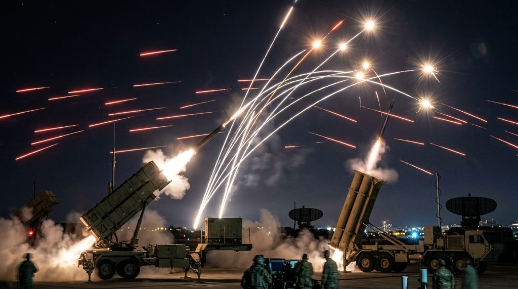 Missile defense systems intercepting multiple incoming missiles during high-intensity conflict scenario