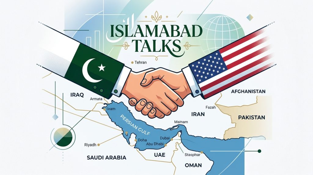 Handshake between US and Pakistan flags symbolizing Iran mediation talks in Islamabad