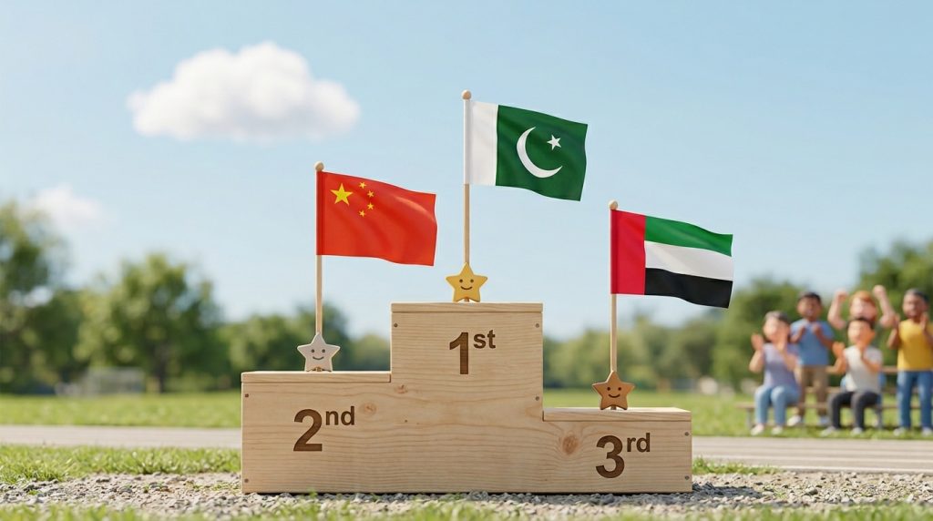 Words That Define Leadership: A three-step podium with Pakistan on gold, China on silver, and UAE on bronze – showing top scores in statesmanship and wisdom.