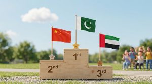 Words That Define Leadership: A three-step podium with Pakistan on gold, China on silver, and UAE on bronze – showing top scores in statesmanship and wisdom.