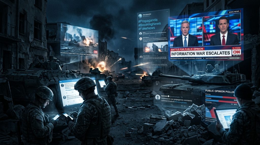 Information battlefield showing media and social platforms shaping public perception
