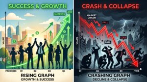 Visual contrast between success growth and sudden failure