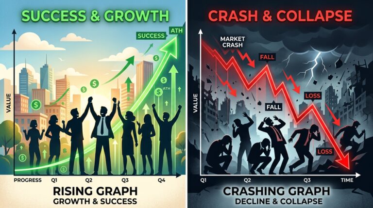 Visual contrast between success growth and sudden failure