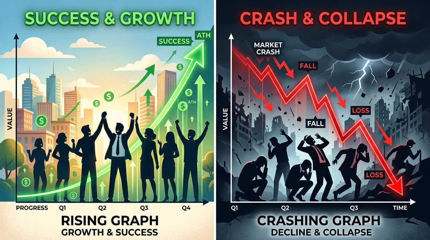 Visual contrast between success growth and sudden failure