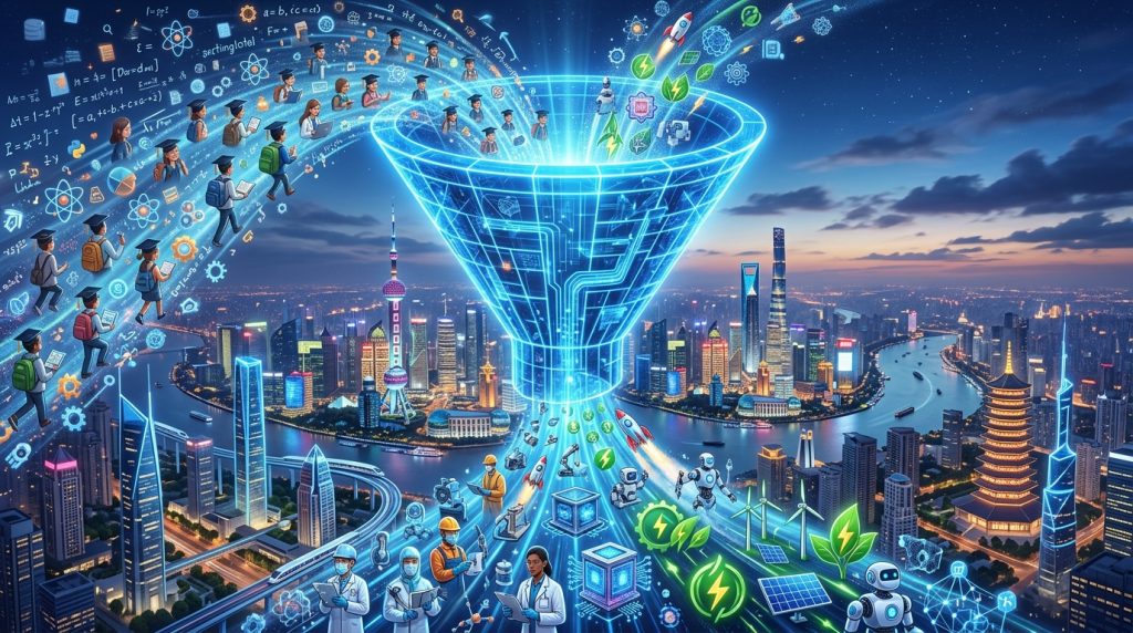 A digital visualization of China's "STEM Funnel," processing millions of students into a specialized workforce for AI, quantum computing, and green energy.