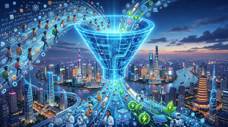 A digital visualization of China's "STEM Funnel," processing millions of students into a specialized workforce for AI, quantum computing, and green energy.
