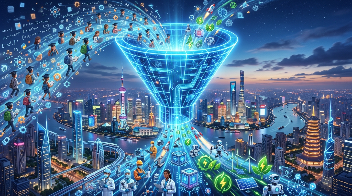 A digital visualization of China's "STEM Funnel," processing millions of students into a specialized workforce for AI, quantum computing, and green energy.