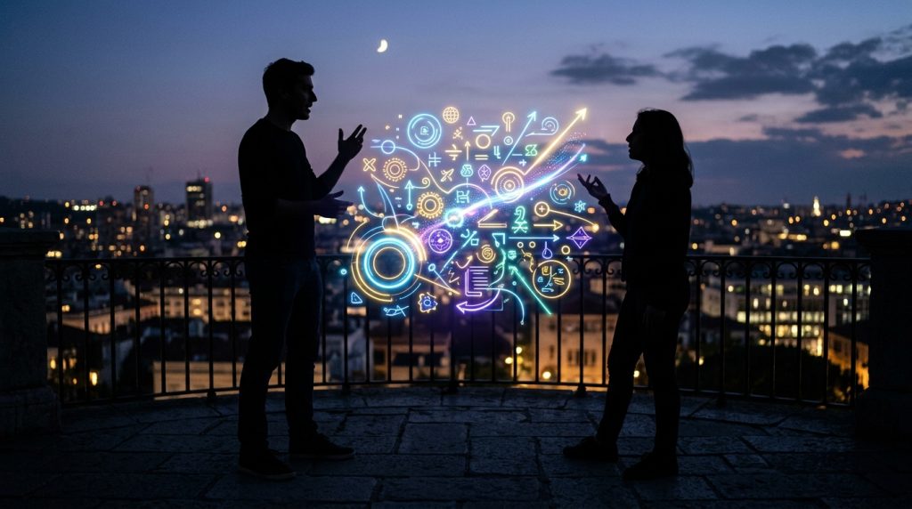 Two individuals sharing different viewpoints respectfully.