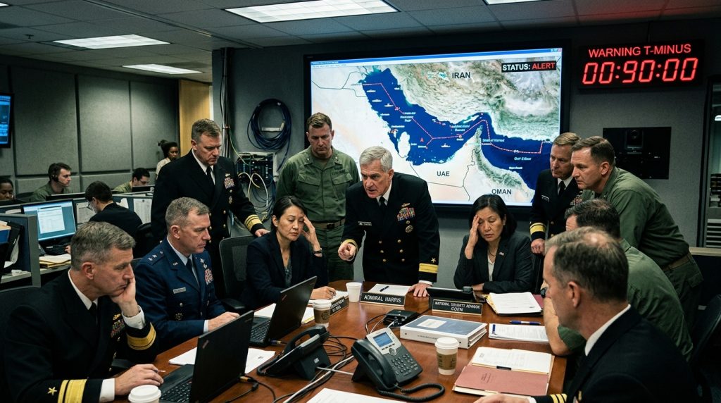 The 11th-Hour Truce: White House Situation Room staff watching a countdown clock with 90 minutes left before a planned military strike on Iran, showing last‑minute tension before the truce was announced.