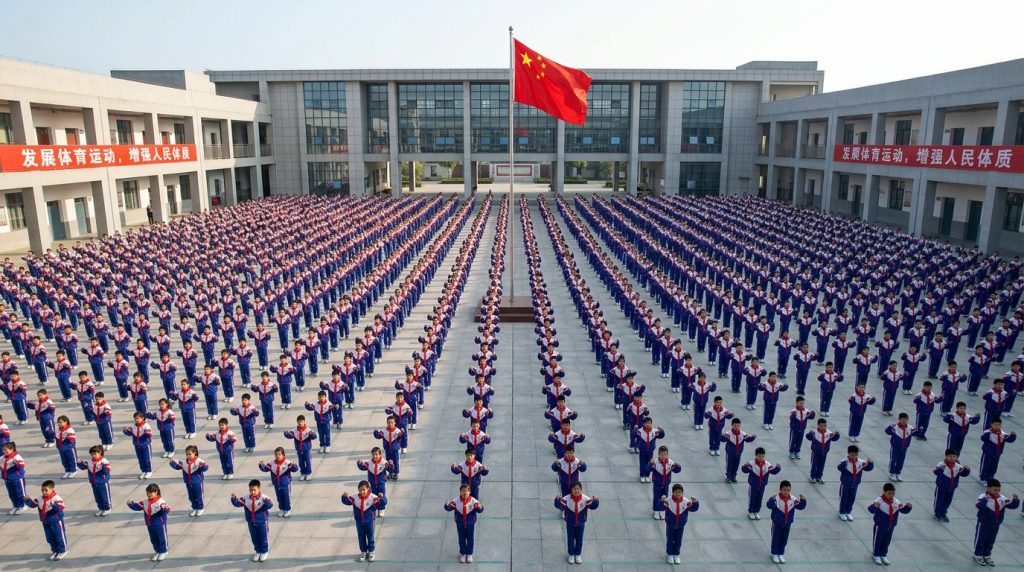 Thousands of Chinese students performing synchronized mass calisthenics, illustrating the "Little Soldier" mentality and the focus on collective discipline and national vigor.