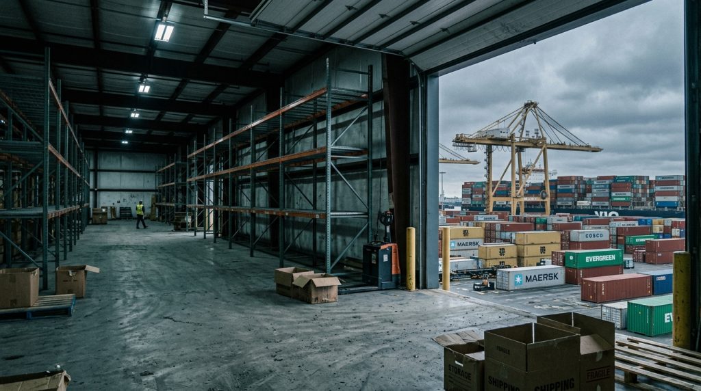 The 11th-Hour Truce:Empty warehouse shelves and a congested cargo port, representing global supply chain disruptions caused by the closure of the Strait of Hormuz and fertilizer shortages.
