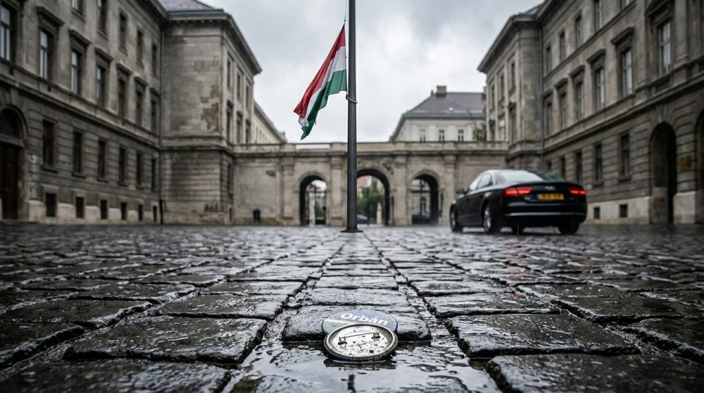 ہنگری کا خالی سرکاری صحن جس کا جھنڈا آدھے سر پر ہے اور ایک اسرائیلی سفارتی کار بارش میں جا رہی ہے۔