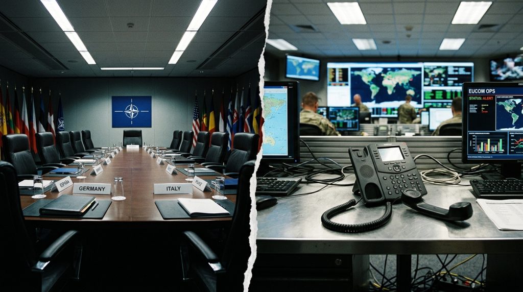 نیٹو میٹنگ اور امریکی کمانڈ سنٹر میں خالی یورپی کرسیوں کی الگ تصویر جس میں فون بند ہے۔