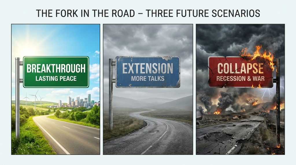 Three visual scenarios for the US‑Iran truce outcome: lasting peace (sunny), extended talks (cloudy), and collapse with recession and war (stormy).