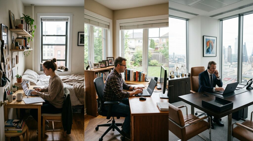 People from different economic classes working in contrasting environments.