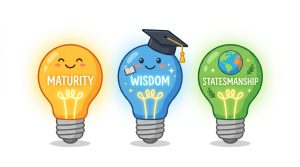 Words That Define Leadership:Three cartoon lightbulbs labeled Maturity, Wisdom, and Statesmanship – explaining three key leadership traits.