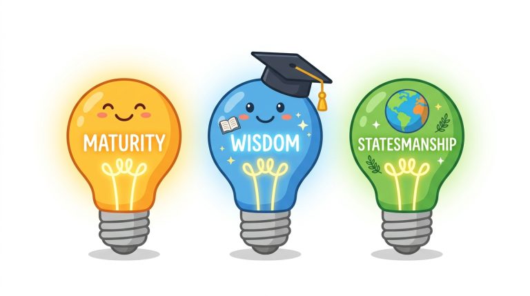 Words That Define Leadership:Three cartoon lightbulbs labeled Maturity, Wisdom, and Statesmanship – explaining three key leadership traits.