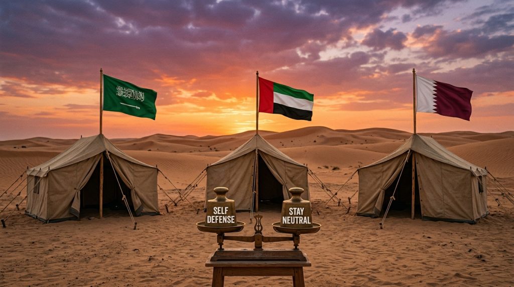 Words That Define Leadership;Three tents with Gulf country flags and a balanced scale – representing careful neutrality during war