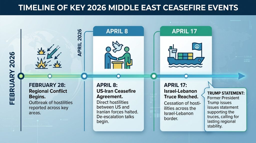 Timeline of major events in the 2026 US-Iran ceasefire including Pakistan mediation and Trump statements