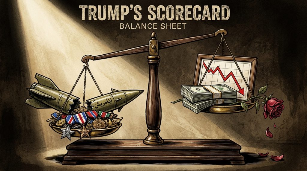The 11th-Hour Truce:A balance scale showing military victories on one side and economic losses plus political fallout on the other, representing Trump’s mixed scorecard from the Iran conflict.