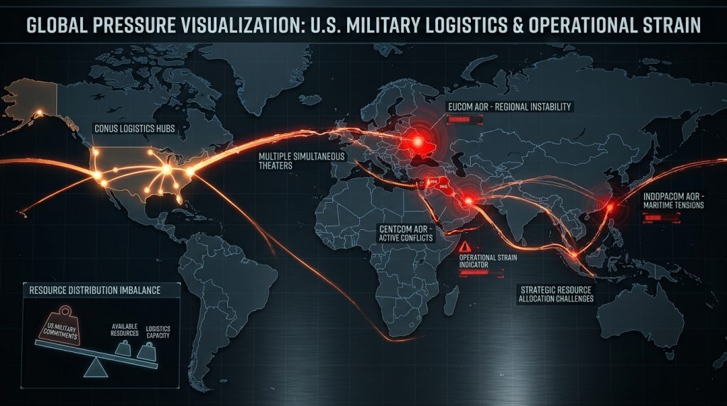 Global map showing U.S. military involvement across multiple conflict zones and supply strain visualization”