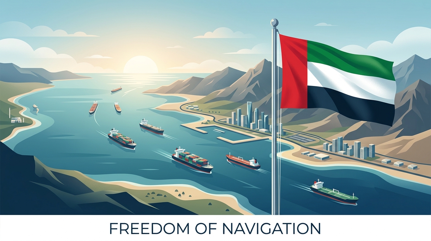 United Arab Emirates flag with background of the Strait of Hormuz, representing UAE concerns about safe shipping during the 2026 ceasefire