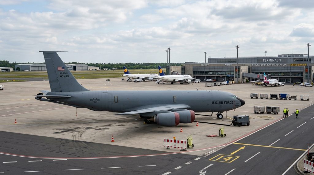 US Air Force refueling plane parked on a European airfield, illustrating American power projection from European bases.