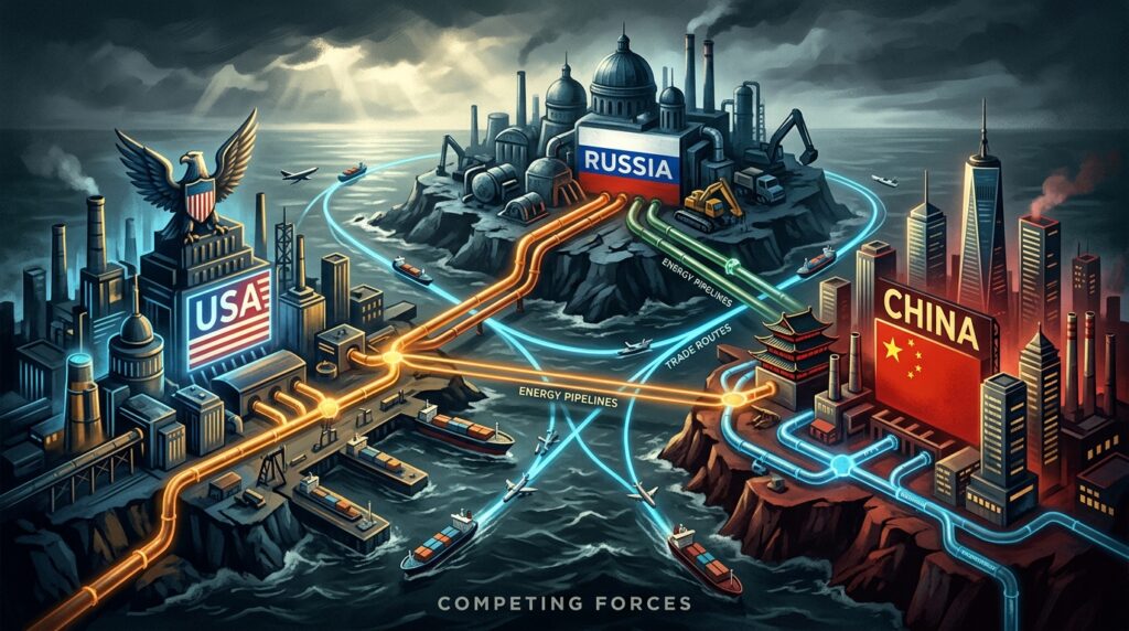 Illustration of global power dynamics between the US, China, and Russia linked by energy routes.When Washington Wavers