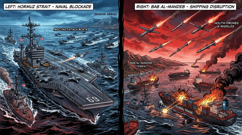 US naval blockade in Hormuz versus potential Houthi disruption at Bab al-Mandeb Strait."