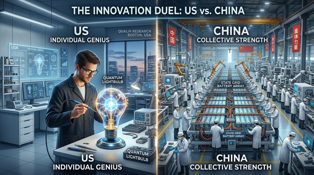 A conceptual comparison showing the US model of individual innovation versus the Chinese model of large-scale collective engineering and industrial dominance.