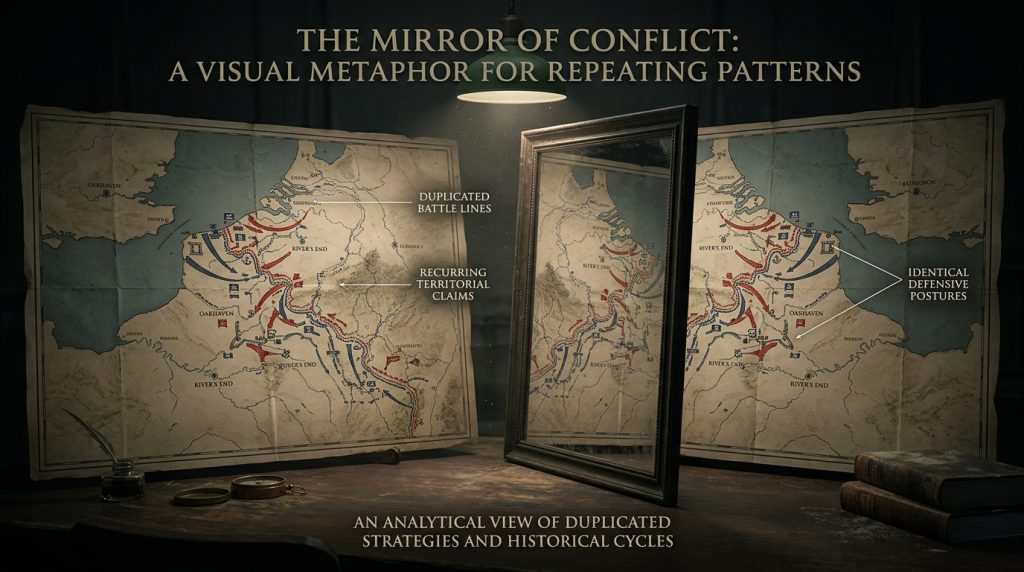 Mirror comparison showing repeated conflict patterns across two wars